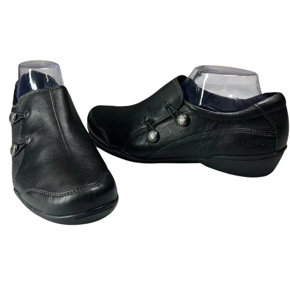 Taos Encore Black Leather Slip On Loafer 10 Medallion Button Arch Support Shoe